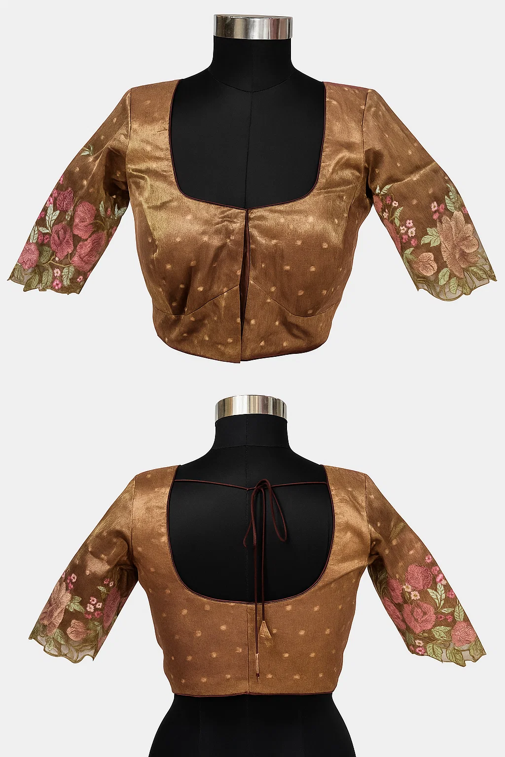 Blush Pink Floral Embroidered Organza Sleeve Back-Dori Readymade Designer Blouse