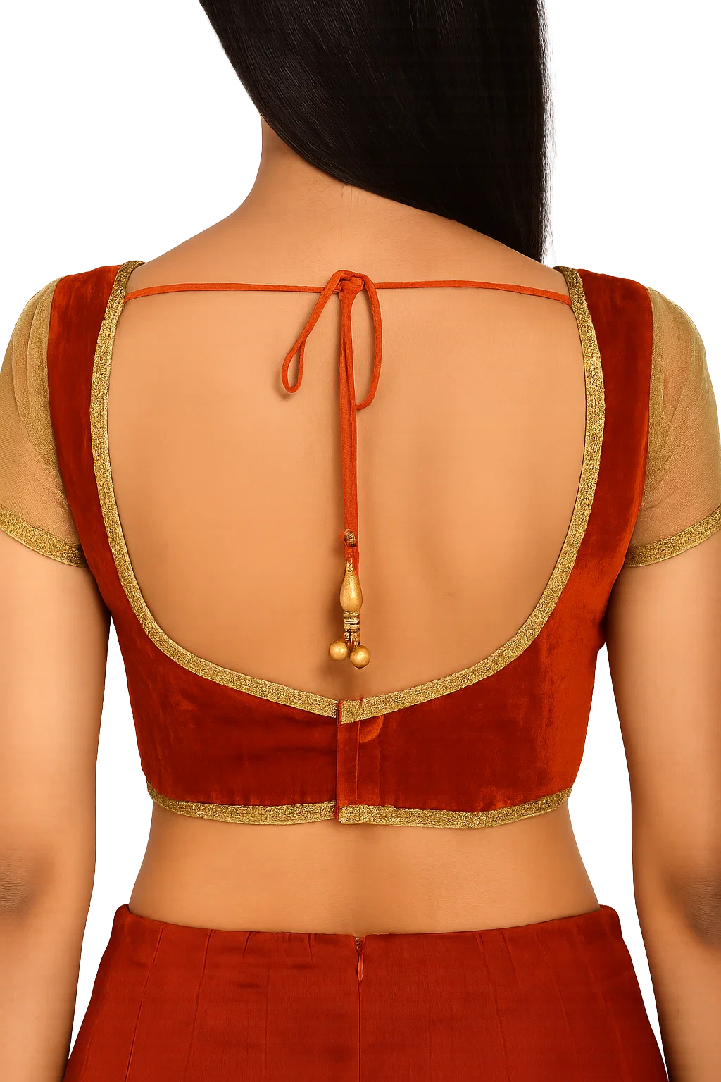 Rust Orange Velvet Back-Tie Saree Blouse with Golden Border – Party & Festive Wear