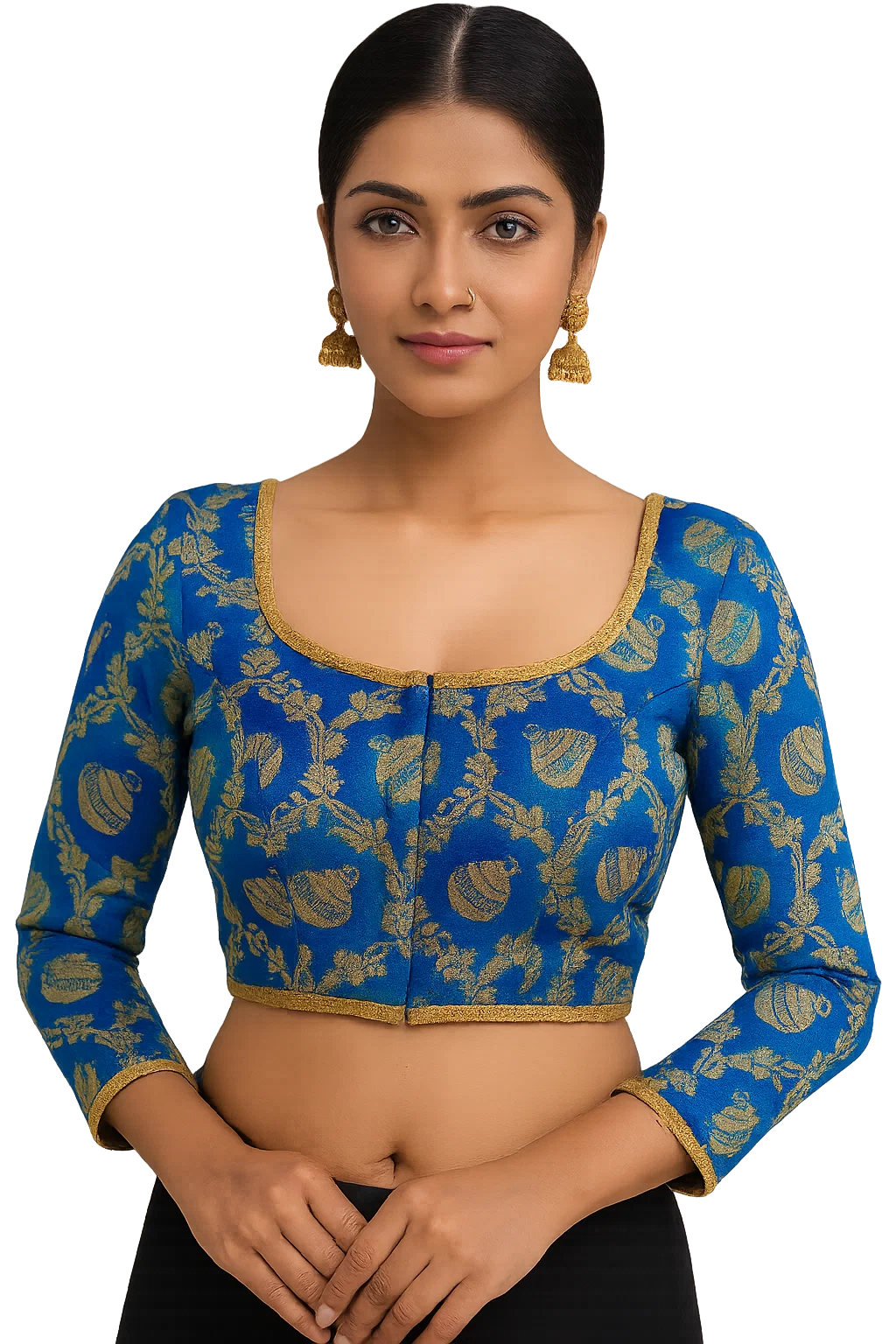 Royal Blue Brocade Silk Designer Blouse with Golden Zari Weaving & Back Dori