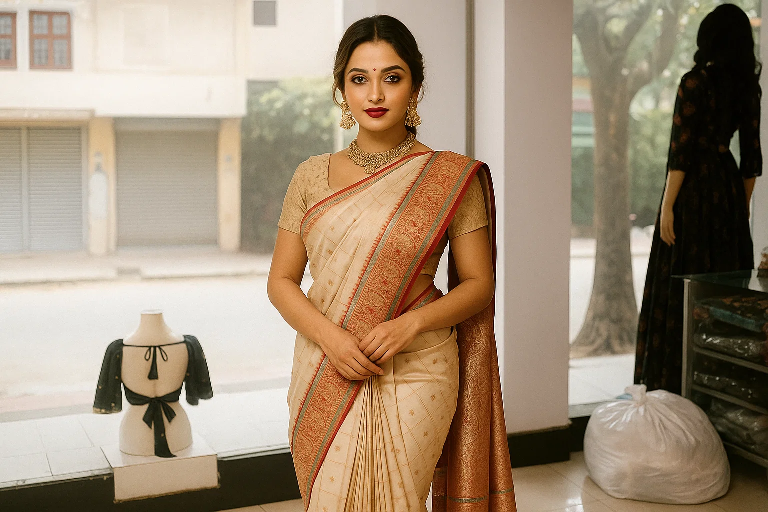 Classic Cream Soft Silk Saree with Rich Maroon Zari Border & Pallu