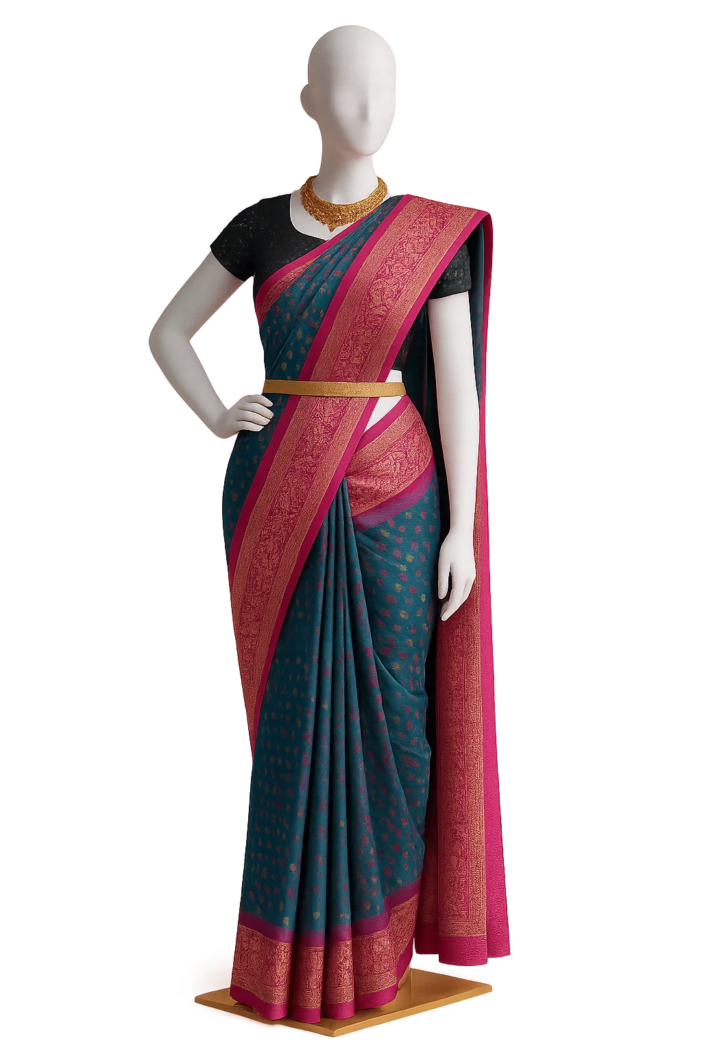 Teal Blue Soft Silk Saree with Magenta Zari Border & Woven Butta Motifs