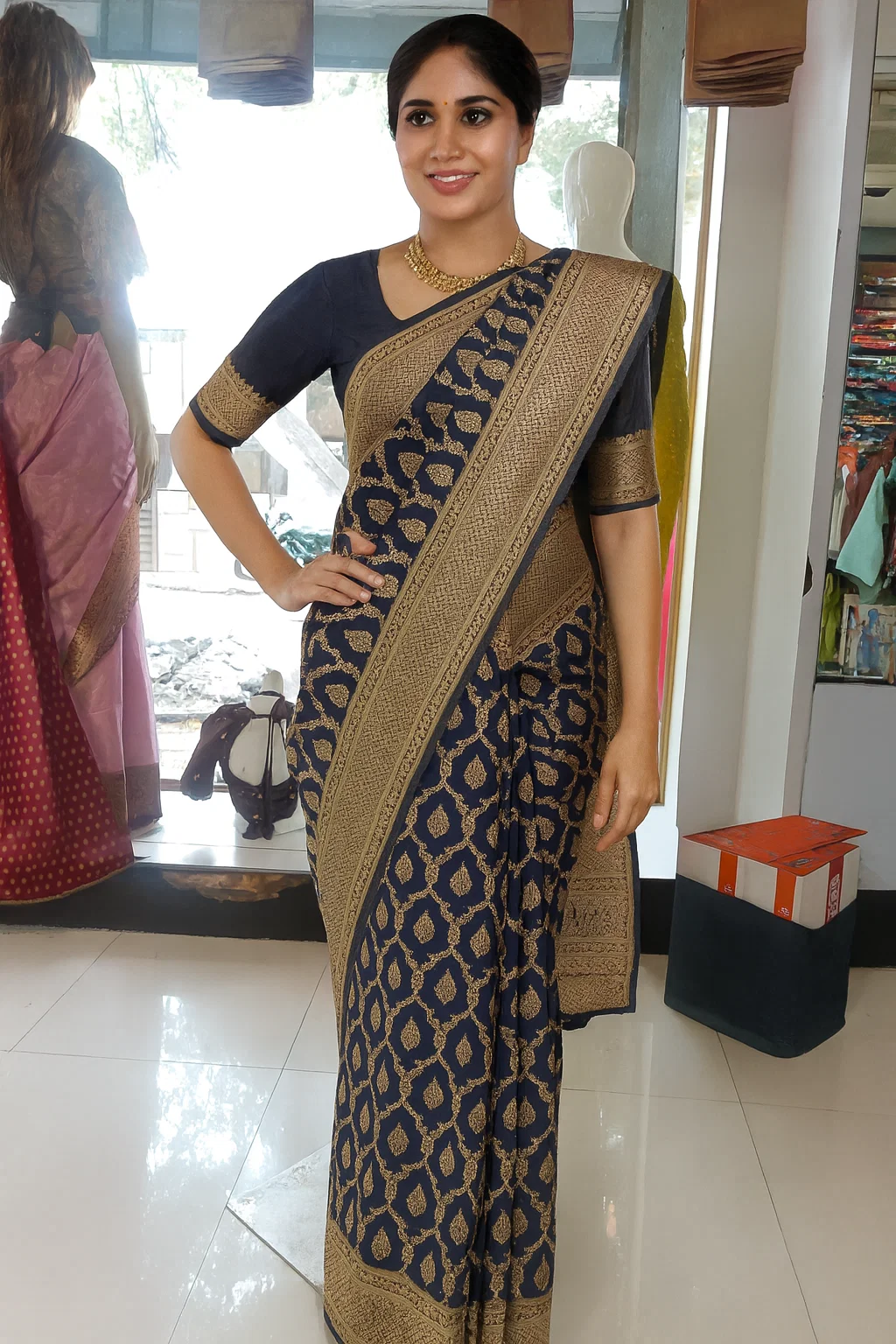 Royal Navy Blue Banarasi Silk Saree with Antique Gold Zari Weaving & Rich Pallu