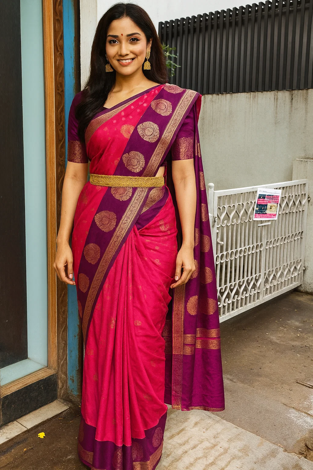 Royal Pink & Purple Kanjivaram Silk Saree with Golden Zari Circle Weaving & Traditional Border