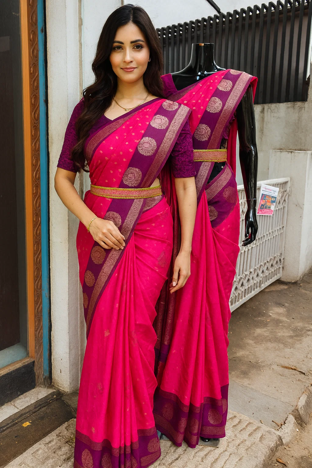 Royal Pink & Purple Kanjivaram Silk Saree with Golden Zari Circle Weaving & Traditional Border