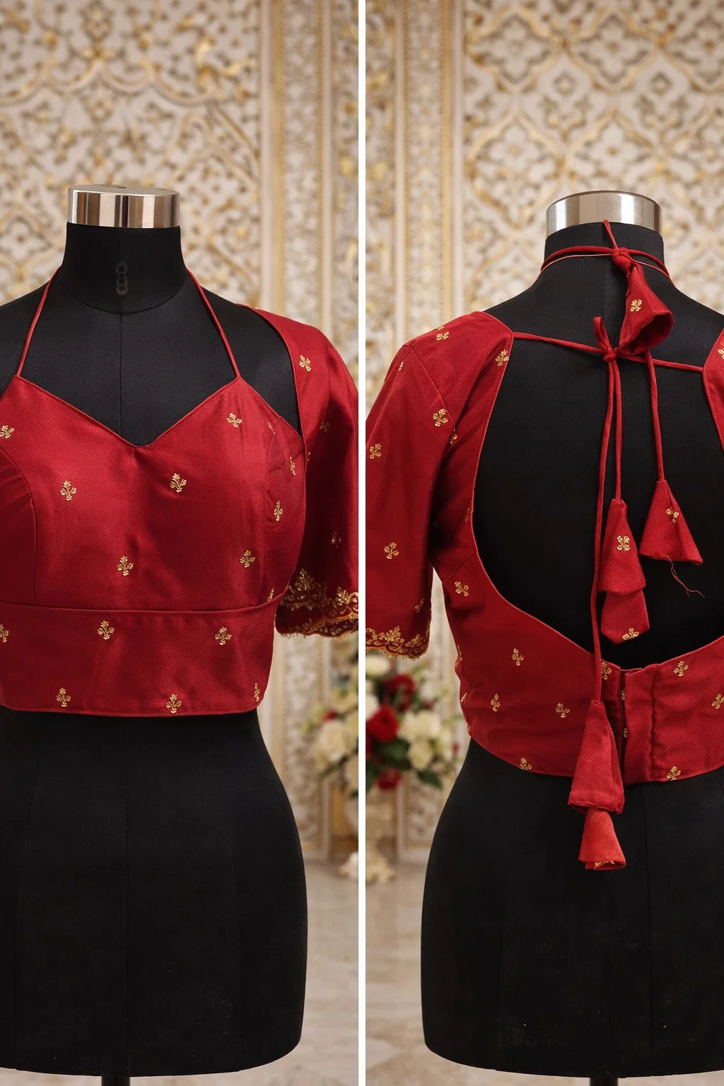 Classic Red Embellished Silk Designer Blouse with Deep V-Neck & Back Dori Tie-Up