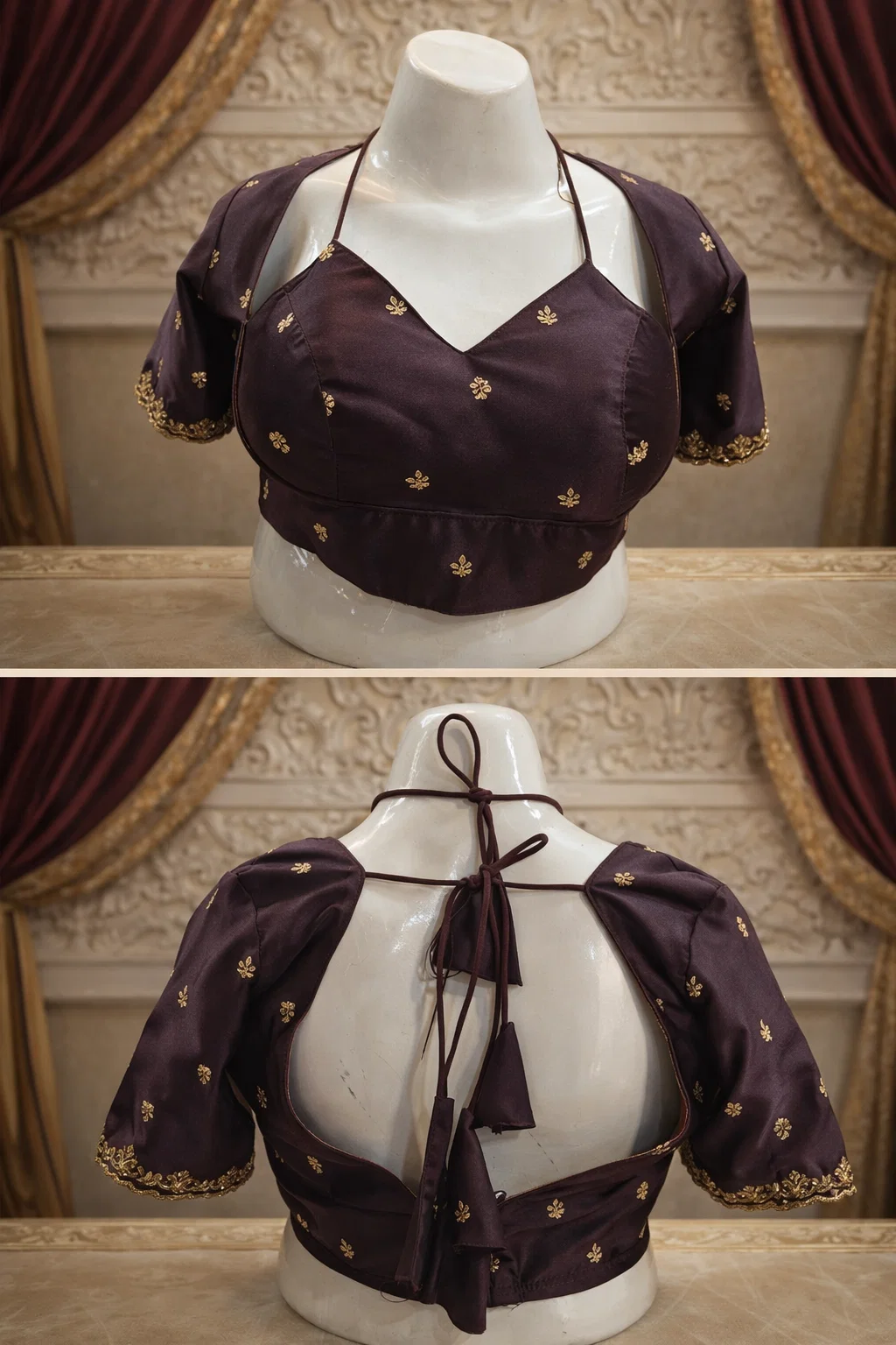 Wine Maroon Embellished Silk Designer Blouse with Deep V-Neck & Back Dori