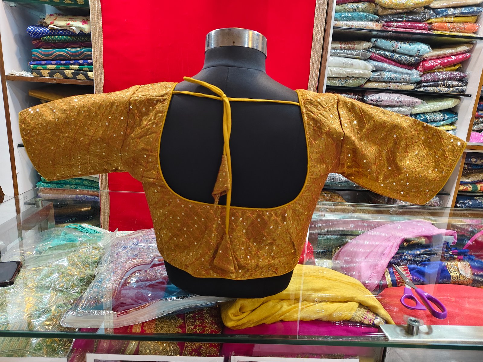 Mustard Yellow Textured Silk Padded Readymade Saree Blouse with Square Neck & Elbow Sleeves