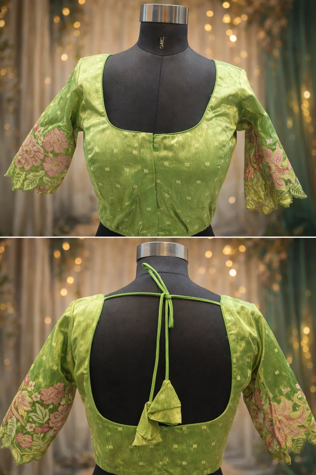 Pista Green Floral Embroidered Silk Readymade Designer Blouse with Back Dori & Half Sleeves