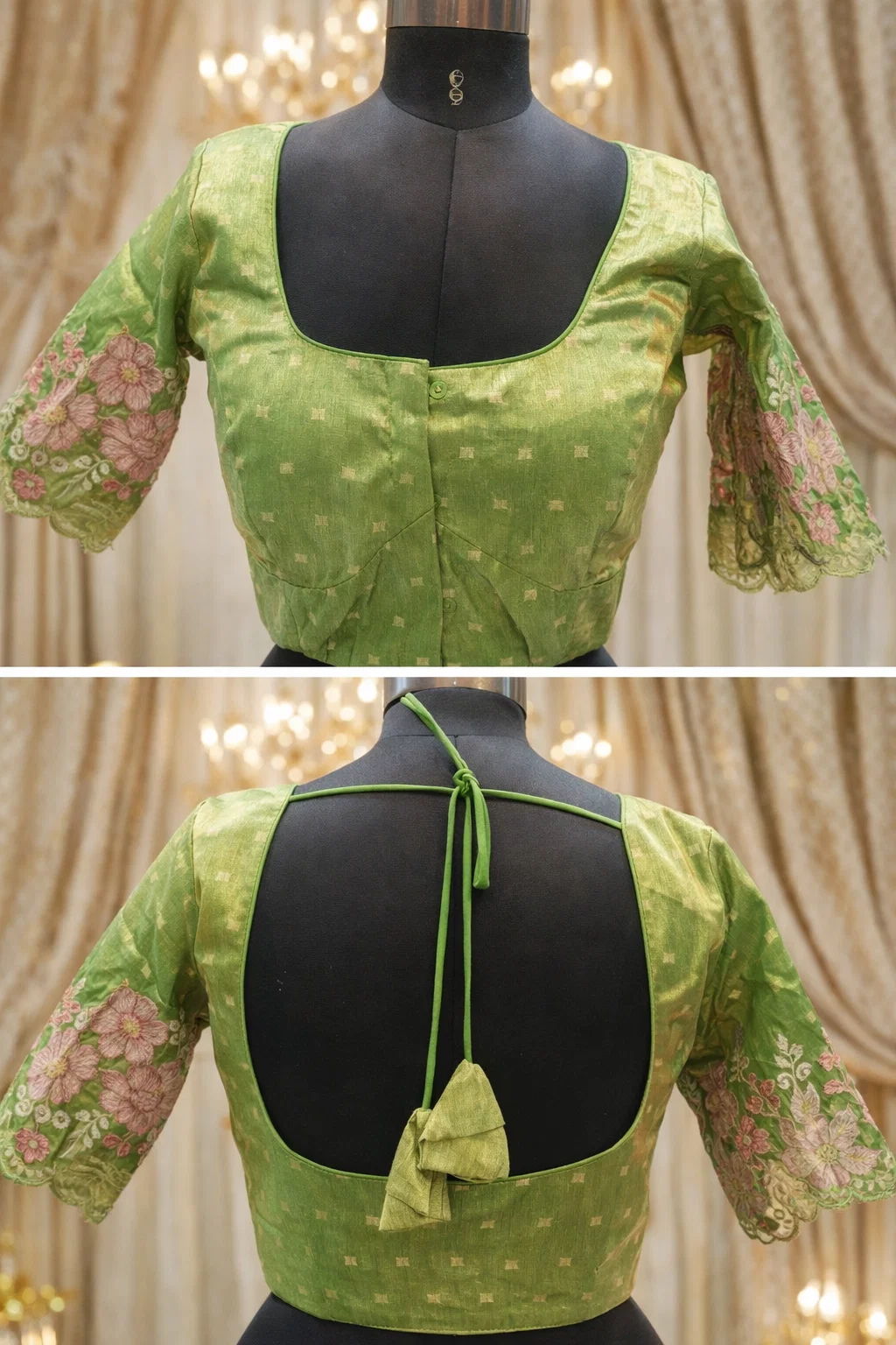 Pista Green Floral Embroidered Silk Readymade Designer Blouse with Back Dori & Half Sleeves