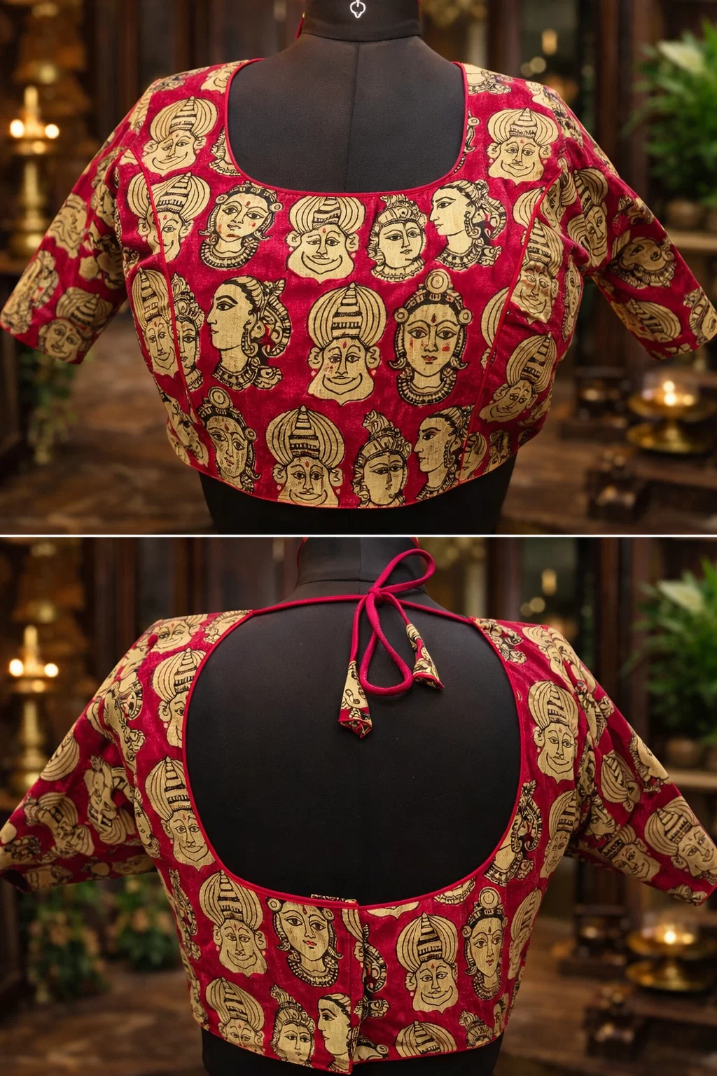 Red Ikat Goddess Face Printed Cotton Blouse – Deep U-Back Tie-Up, Half Sleeves