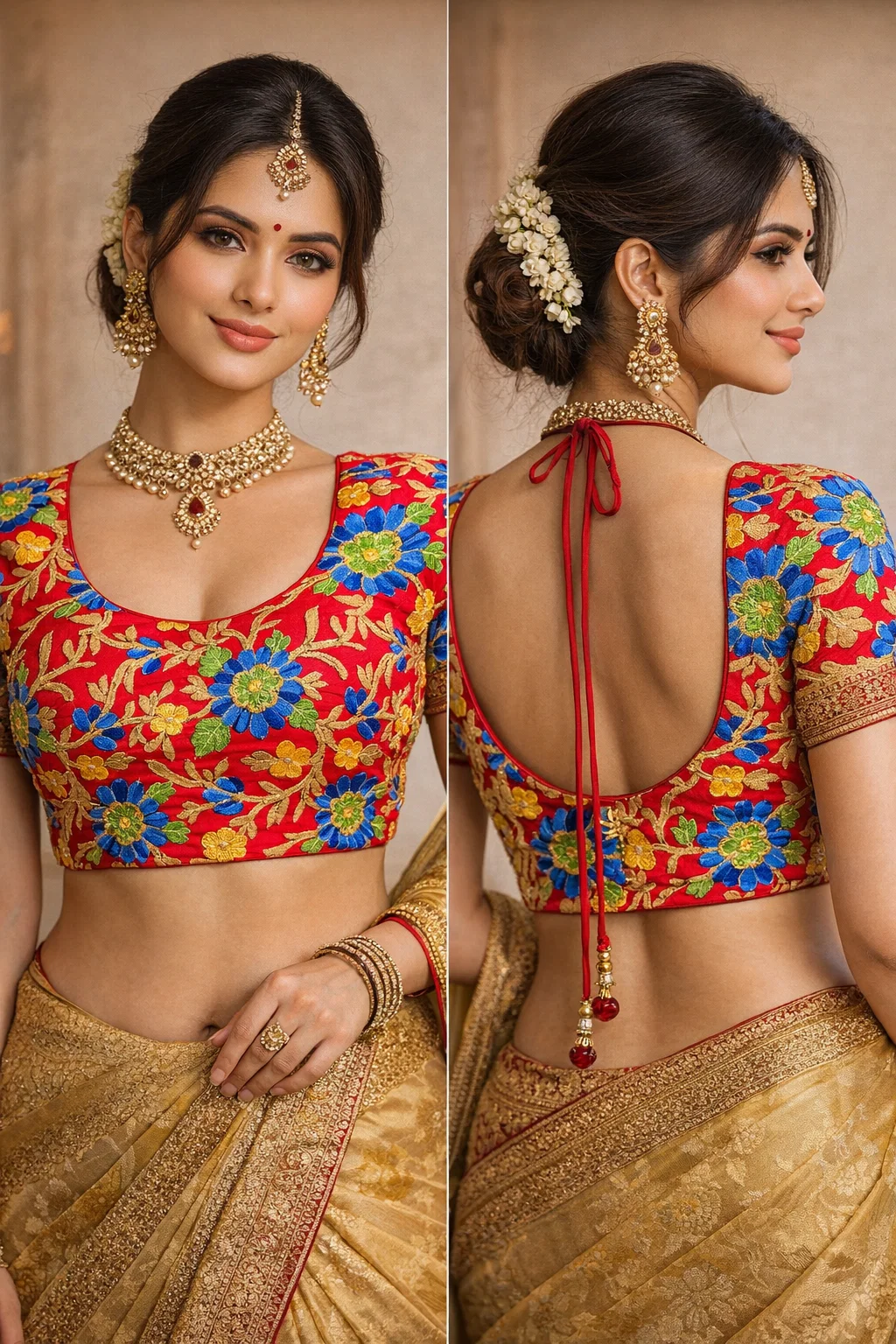 Red Multicolor Floral Embroidered Designer Blouse with Deep Back & Tie-Up