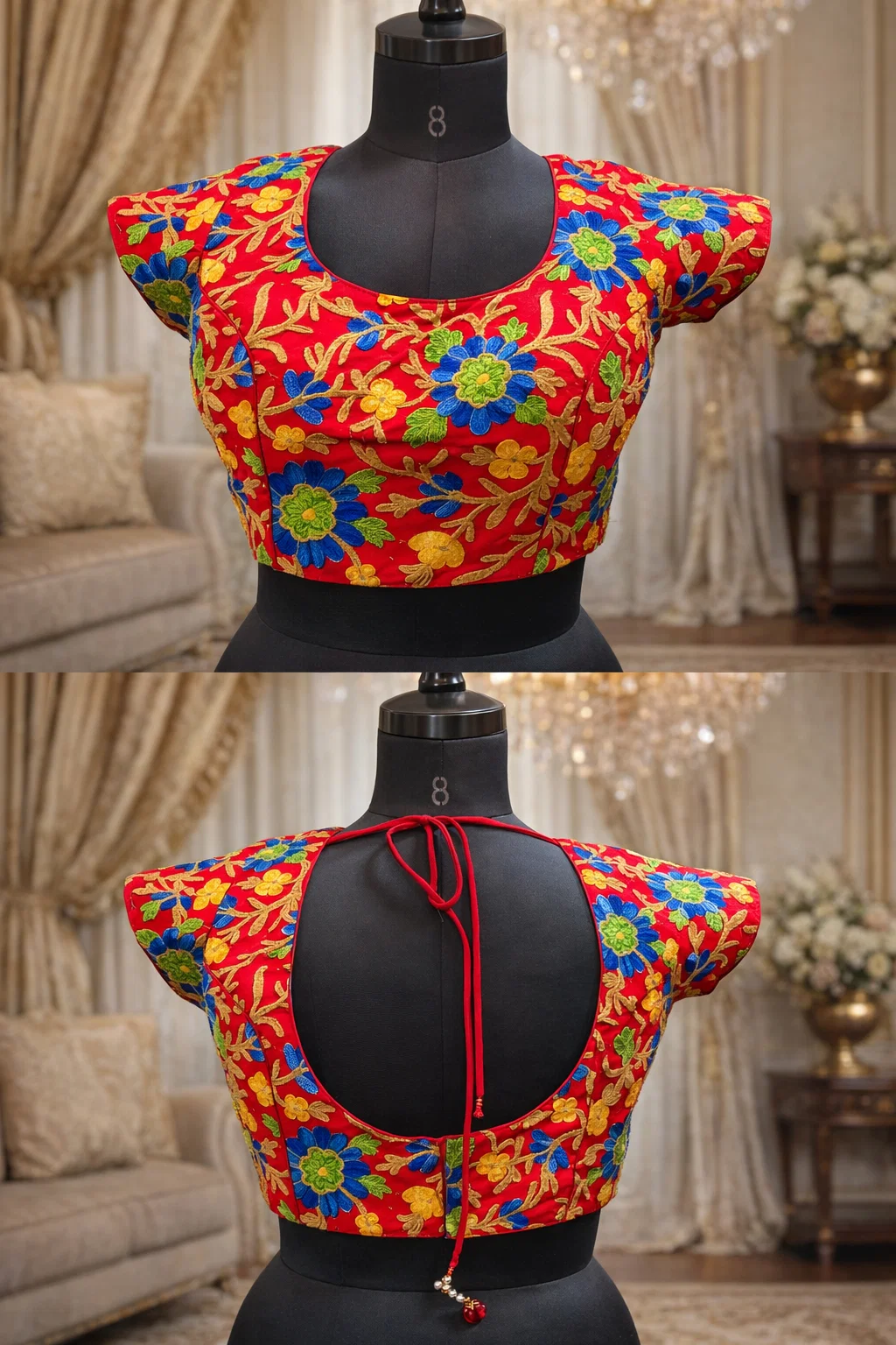 Red Multicolor Floral Embroidered Designer Blouse with Deep Back & Tie-Up