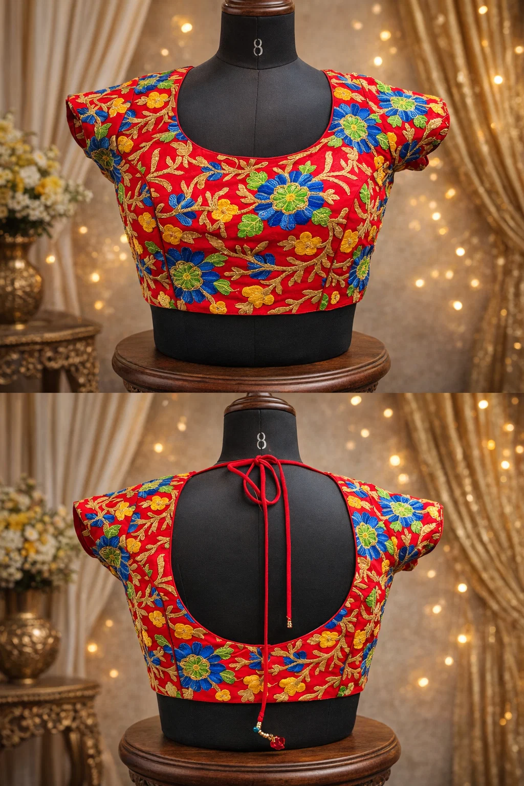Red Multicolor Floral Embroidered Designer Blouse with Deep Back & Tie-Up