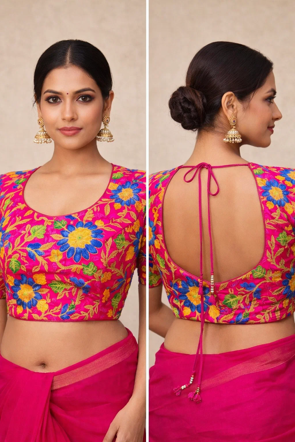 Hot Pink Multicolor Floral Embroidered Designer Blouse for Women