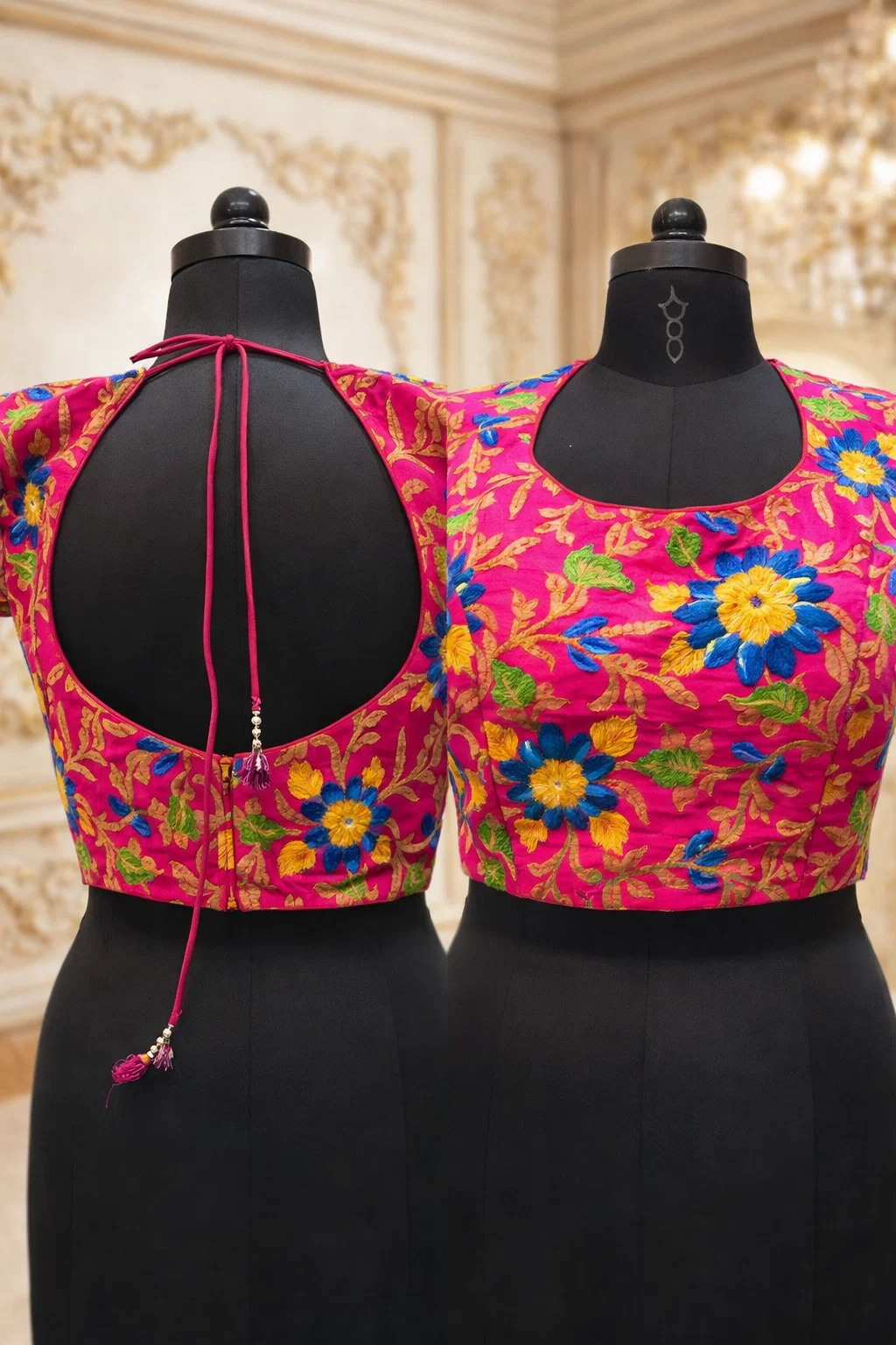 Hot Pink Multicolor Floral Embroidered Designer Blouse for Women