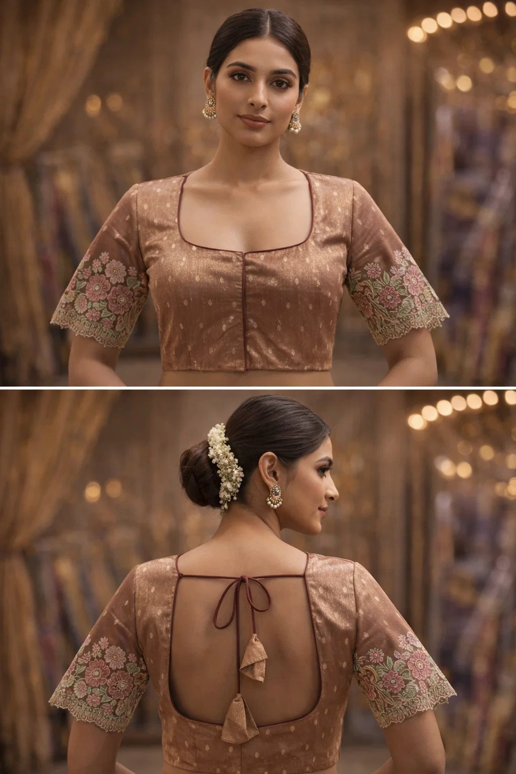 Blush Pink Floral Embroidered Organza Sleeve Back-Dori Readymade Designer Blouse