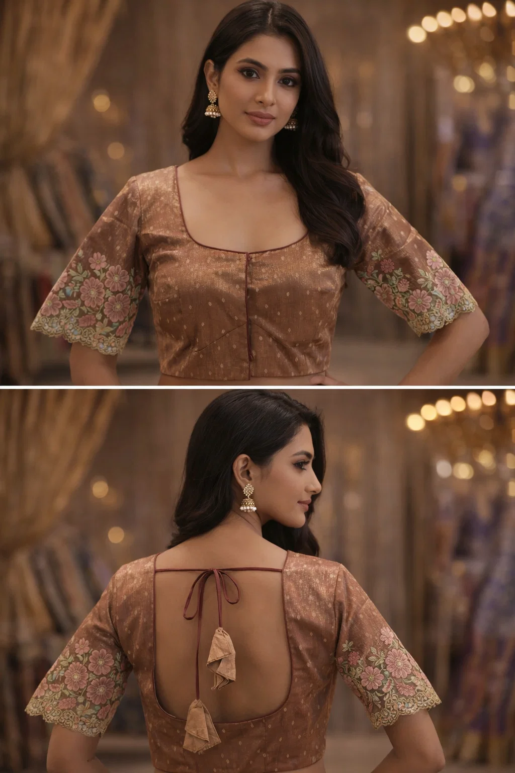 Blush Pink Floral Embroidered Organza Sleeve Back-Dori Readymade Designer Blouse