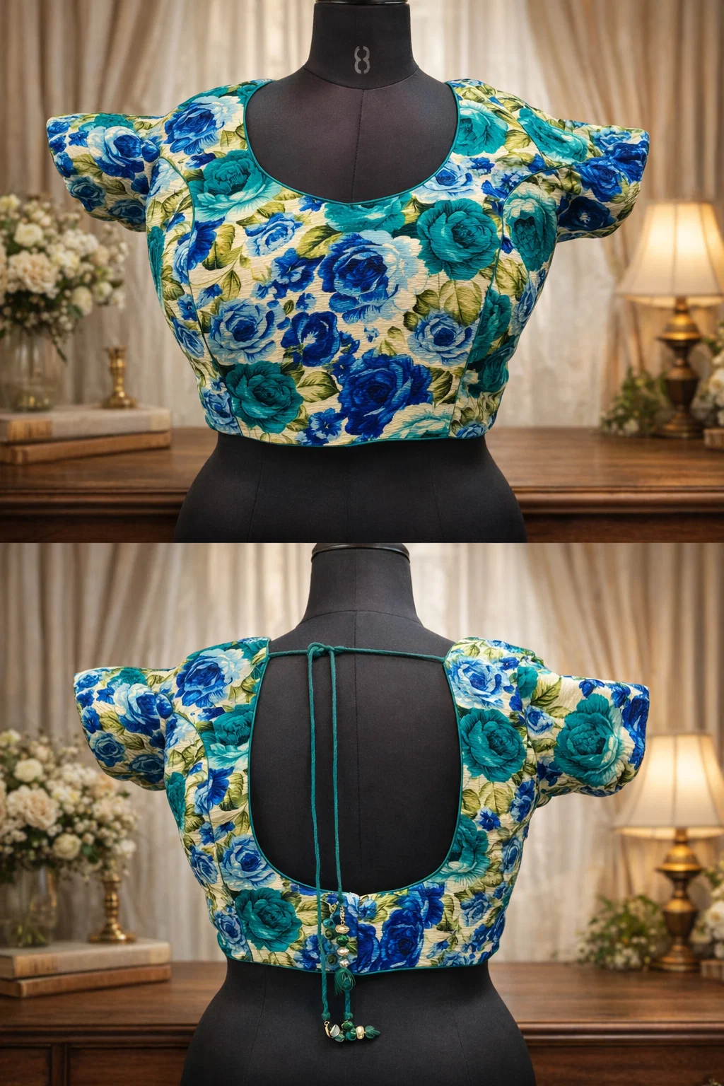 Teal & Blue Floral Printed Designer Blouse with Deep U-Back and Tie-Up Dori