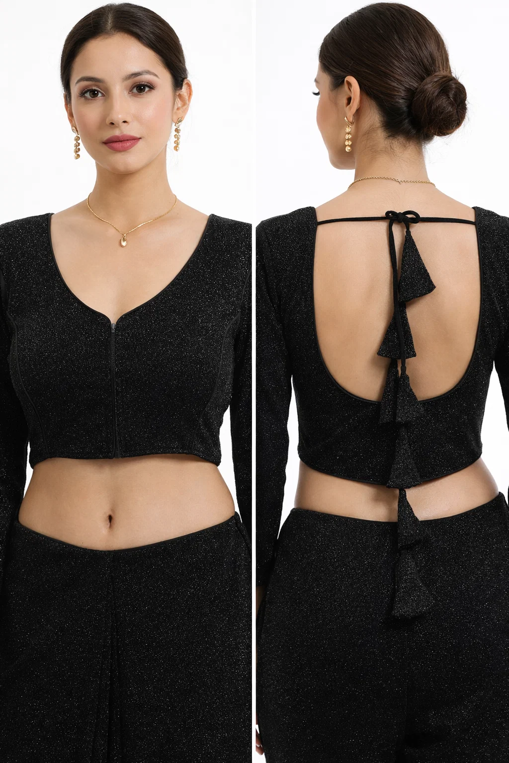 Black Shimmer Stretch Blouse with Notch Neck – Party & Saree Blouse Design