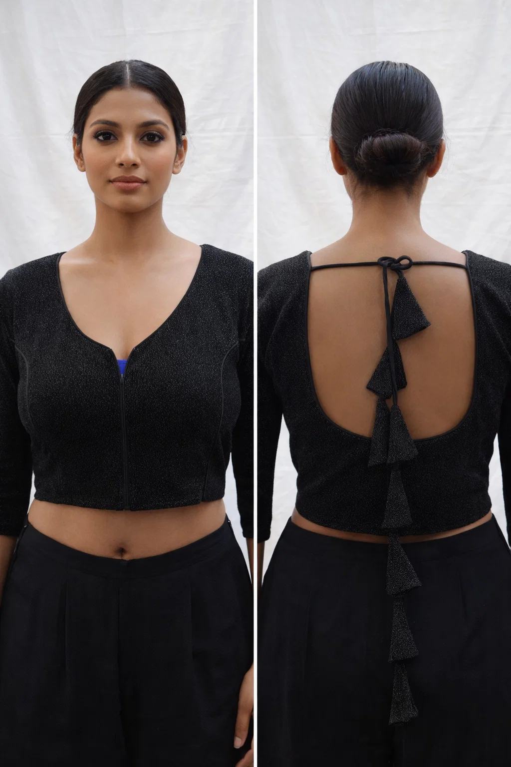 Black Shimmer Stretch Blouse with Notch Neck – Party & Saree Blouse Design