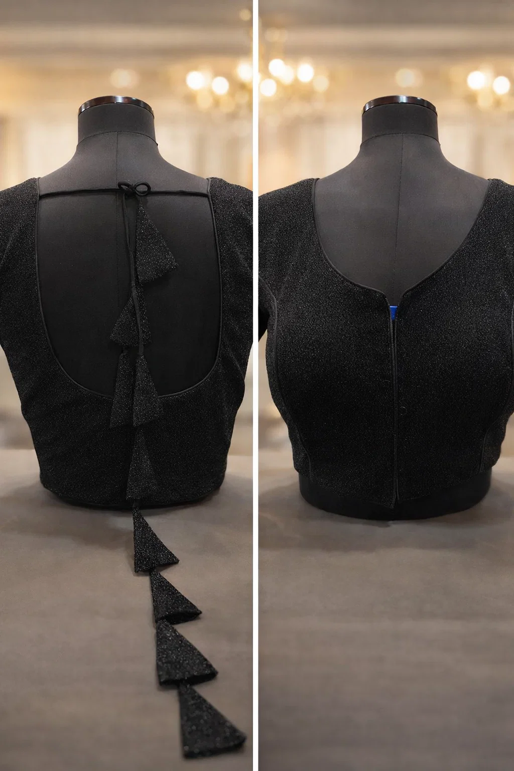 Black Shimmer Stretch Blouse with Notch Neck – Party & Saree Blouse Design