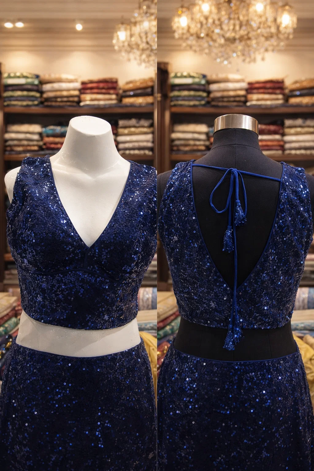 Navy Blue Sequined V-Neck Designer Blouse with Tie-Back Closure