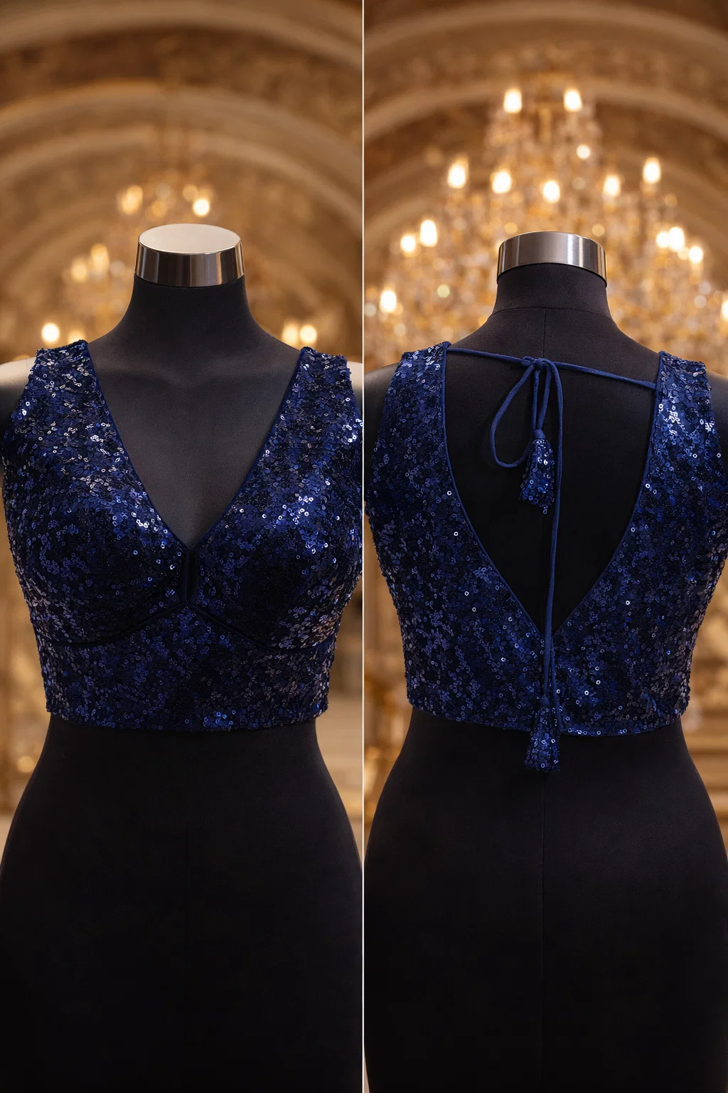 Navy Blue Sequined V-Neck Designer Blouse with Tie-Back Closure
