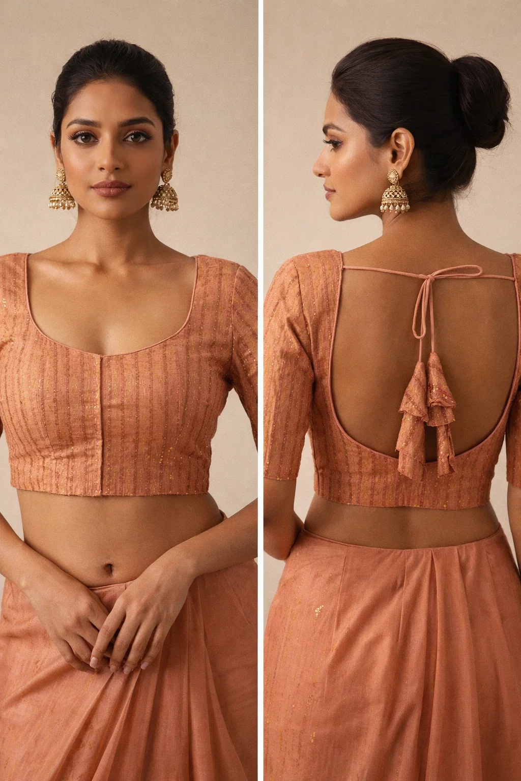 Rust Orange Striped Sequined Designer Blouse with Back Tie-Up & Half Sleeves