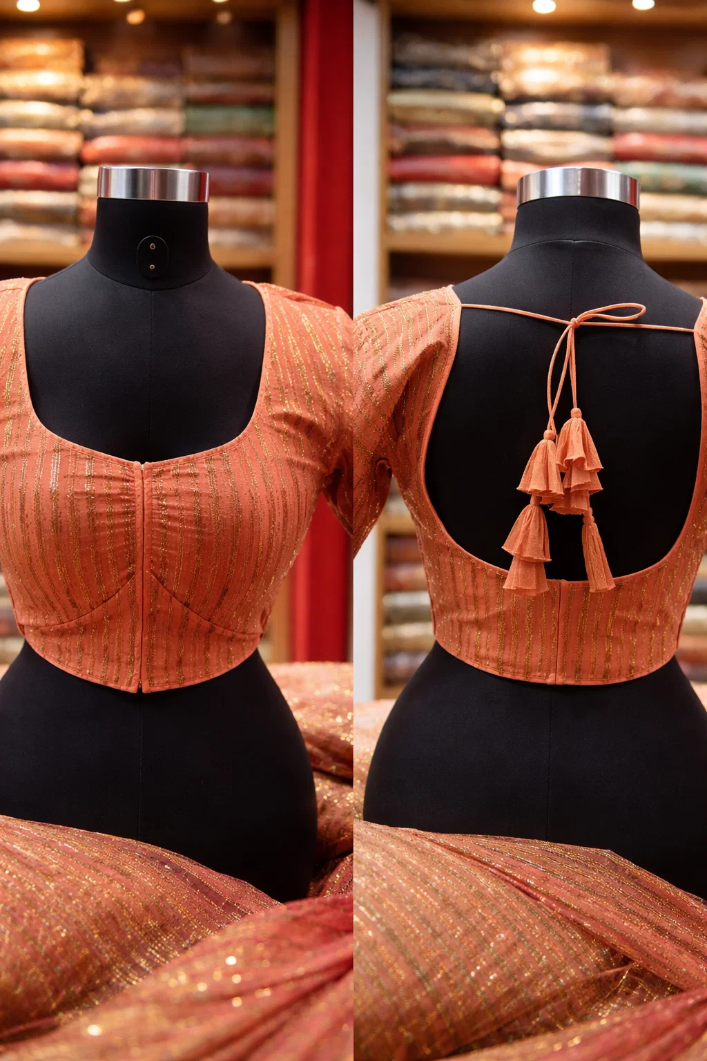 Rust Orange Striped Sequined Designer Blouse with Back Tie-Up & Half Sleeves