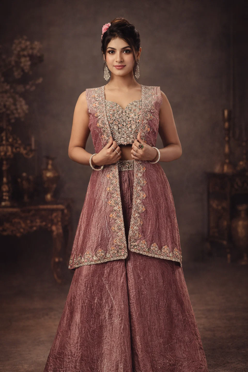 Royal Rose Gold Indo-Western Jacket Set with Palazzo