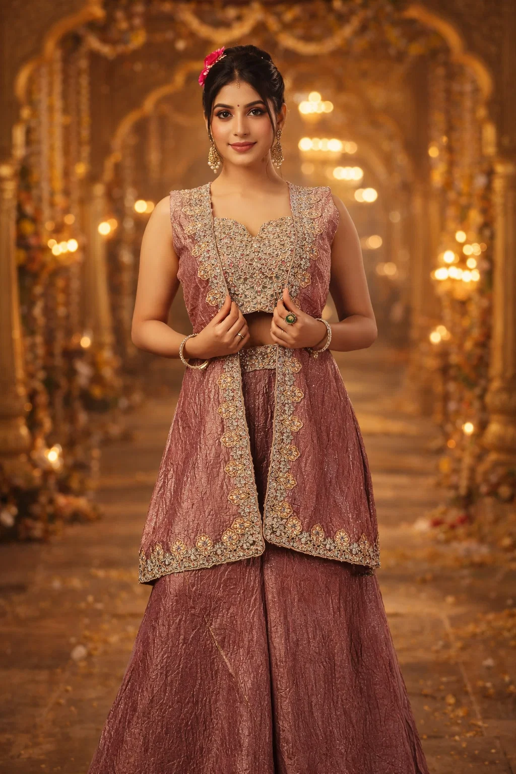 Royal Rose Gold Indo-Western Jacket Set with Palazzo