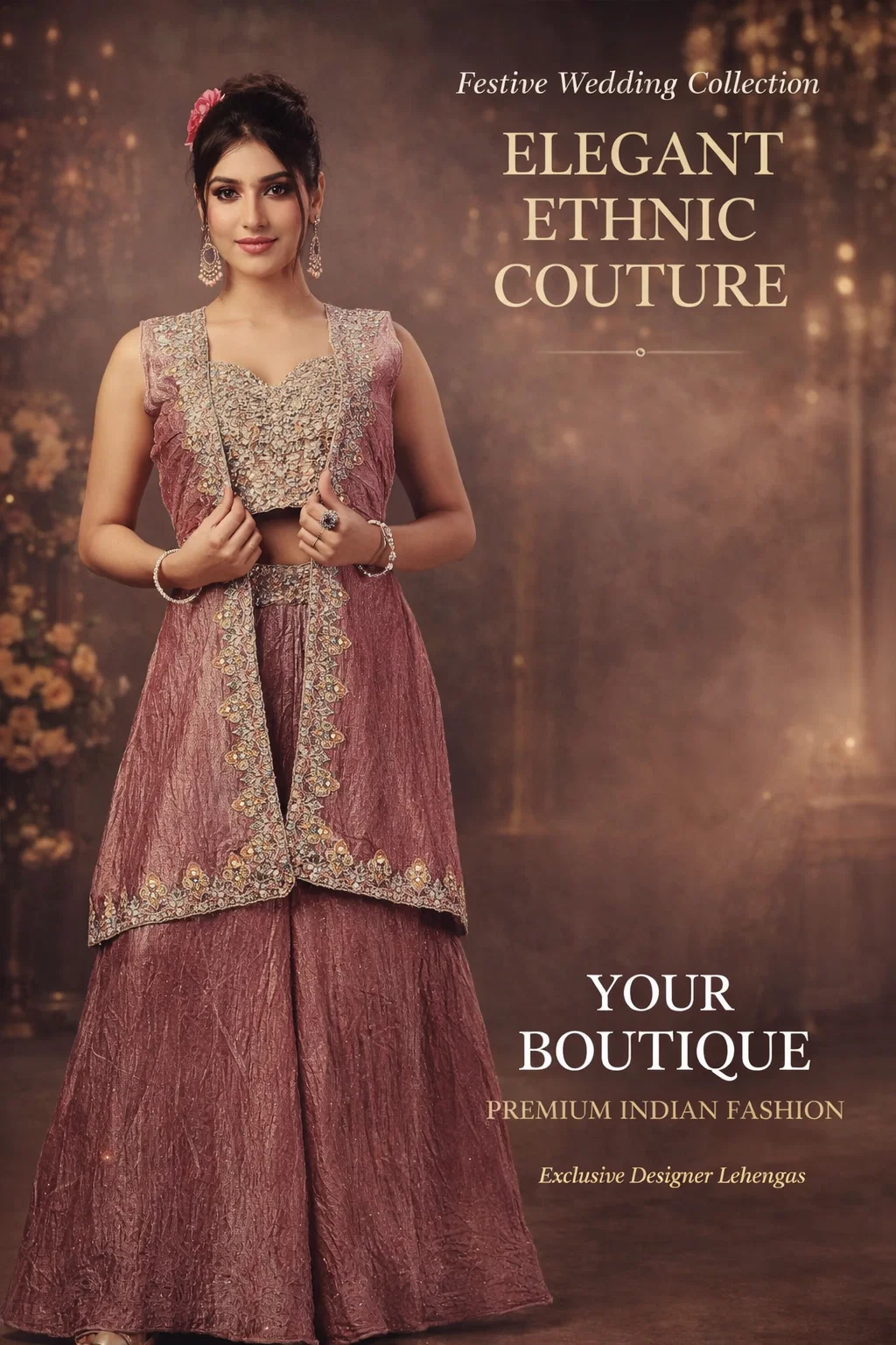 Royal Rose Gold Indo-Western Jacket Set with Palazzo